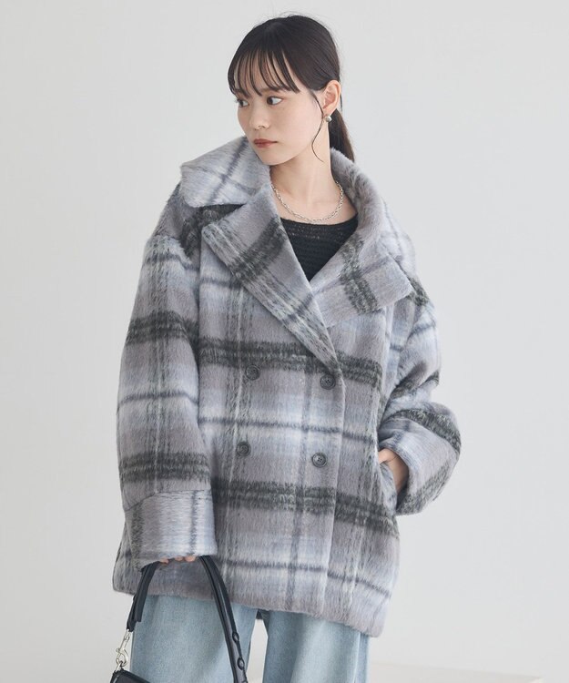 earth music&ecology チェックシャギーコート Check Gray