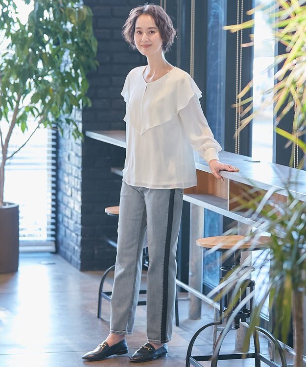 自由区 【XSサイズ～/洗える】ロイヤルシフォン ラッフルブラウス アイボリー系