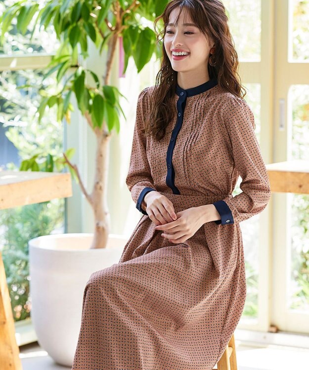 Tiaclasse 【新色追加・洗える】配色バンドカラー幾何学柄ワンピース オレンジ