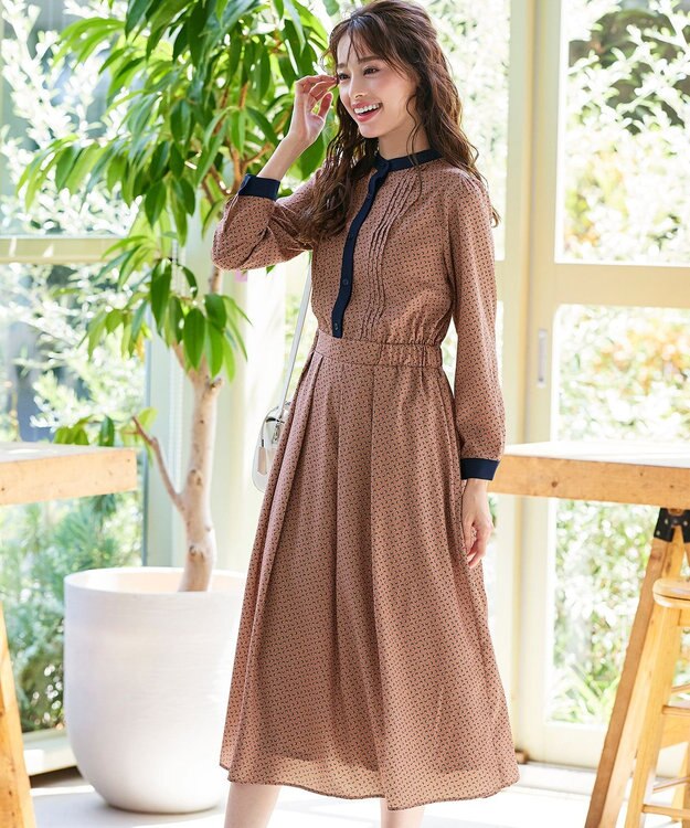 Tiaclasse 【新色追加・洗える】配色バンドカラー幾何学柄ワンピース オレンジ