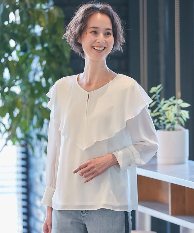 自由区 【XSサイズ～/洗える】ロイヤルシフォン ラッフルブラウス アイボリー系