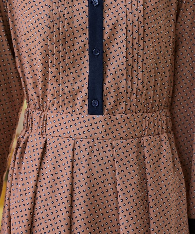 Tiaclasse 【新色追加・洗える】配色バンドカラー幾何学柄ワンピース オレンジ