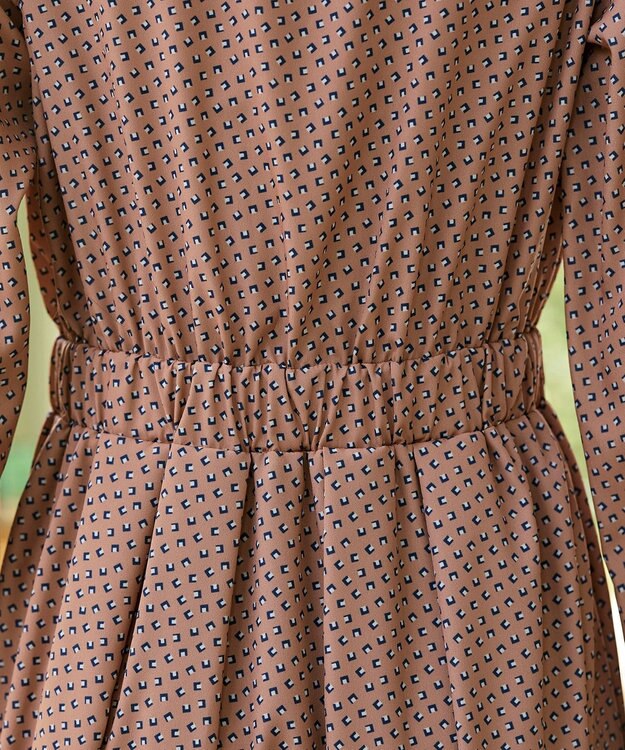 Tiaclasse 【新色追加・洗える】配色バンドカラー幾何学柄ワンピース オレンジ