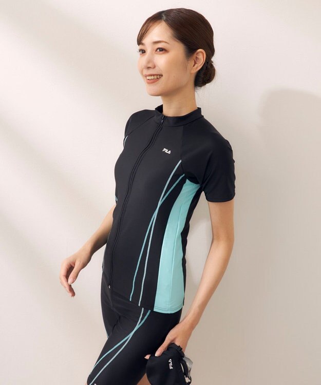 OP／FILA 【FILA】フルジップ半袖フィットネス水着4点セット/キャップ＆ミラーゴーグル付き ブラック×ミント