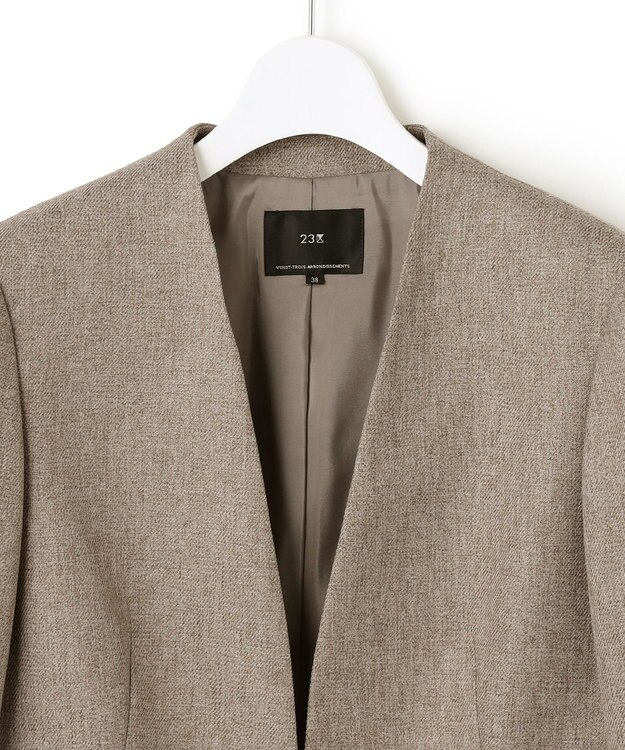 23区 L 【洗える】ウールライクカルゼ ノーカラー ジャケット ダークブラウン系