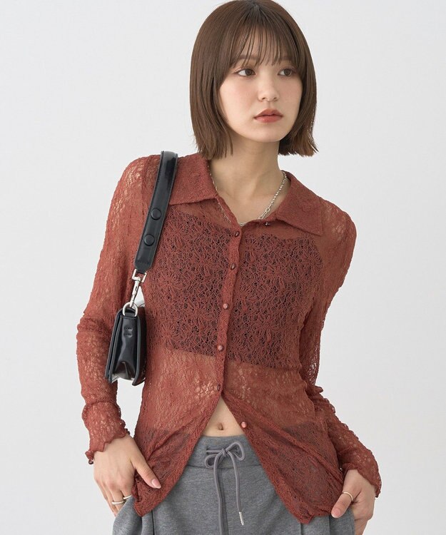earth music&ecology ストレッチレースシャツ Brown