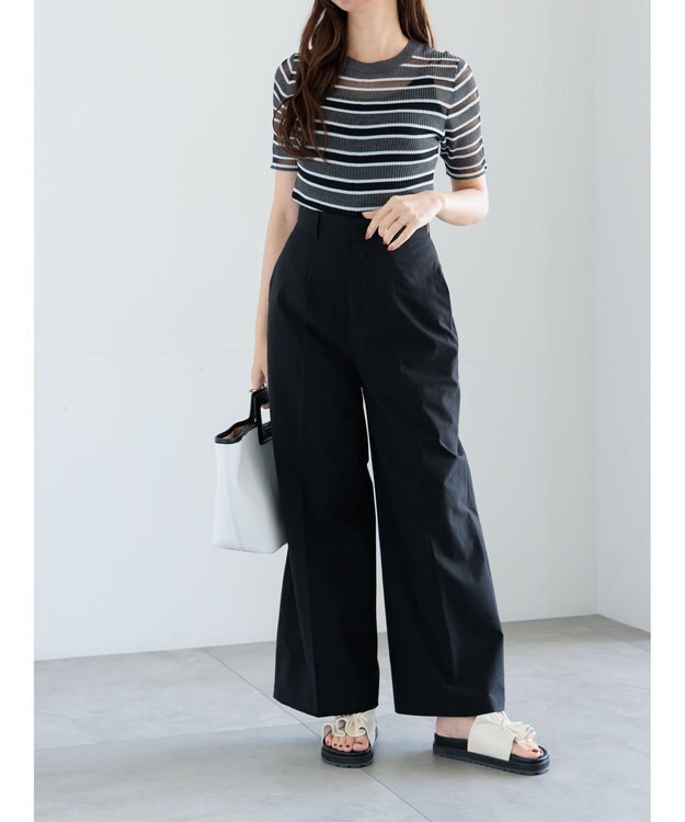 Te chichi シアーマルチボーダーハーフスリーブニット グレー