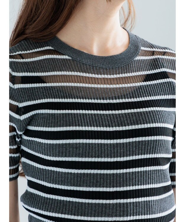 Te chichi シアーマルチボーダーハーフスリーブニット グレー