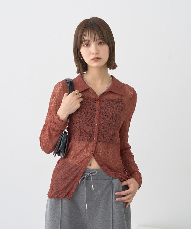 earth music&ecology ストレッチレースシャツ Brown