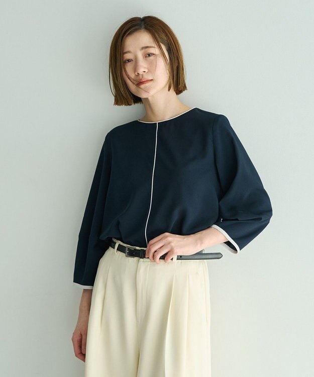 YECCA VECCA 配色パイピングブラウス Navy