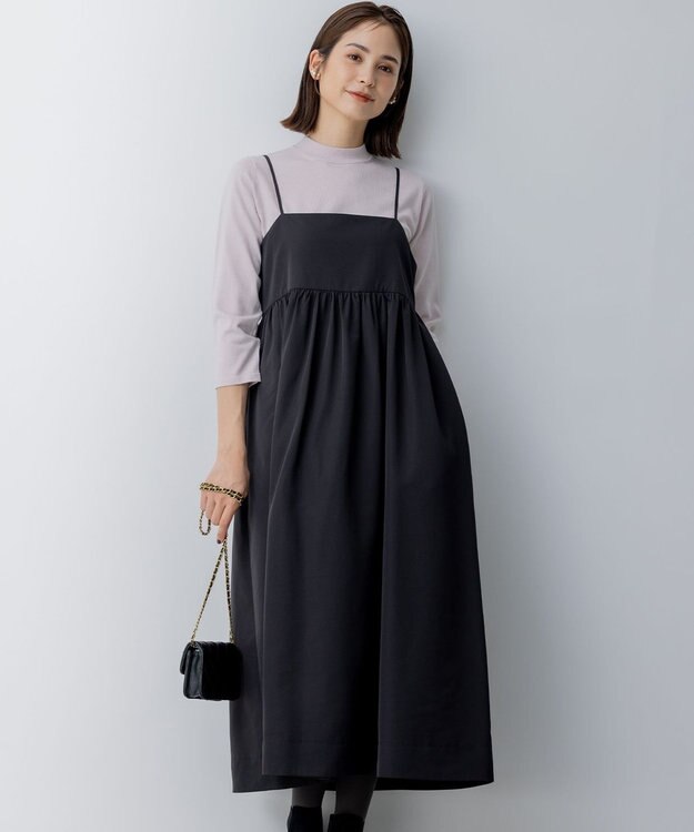 組曲 S 【洗える】タフタギャザーキャミソールワンピース ブラック系