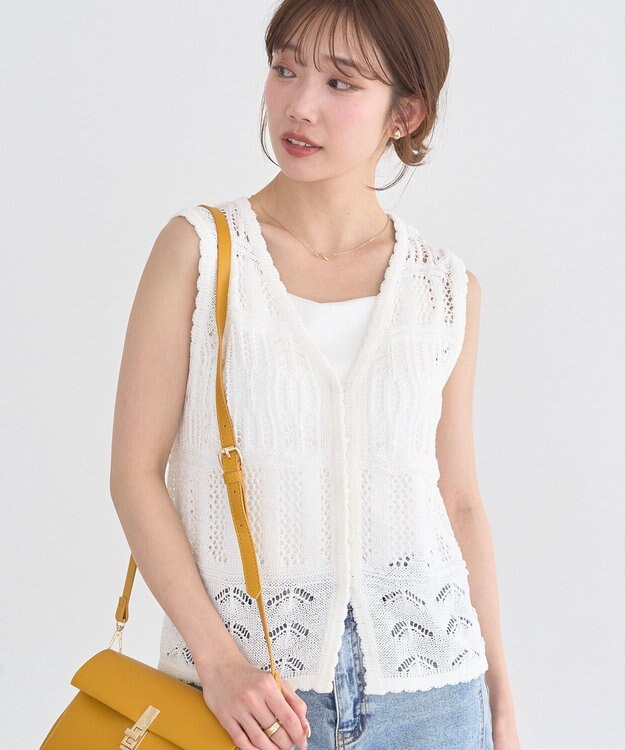 earth music&ecology 【セットアップ対応】透かし編みニットベスト Off White