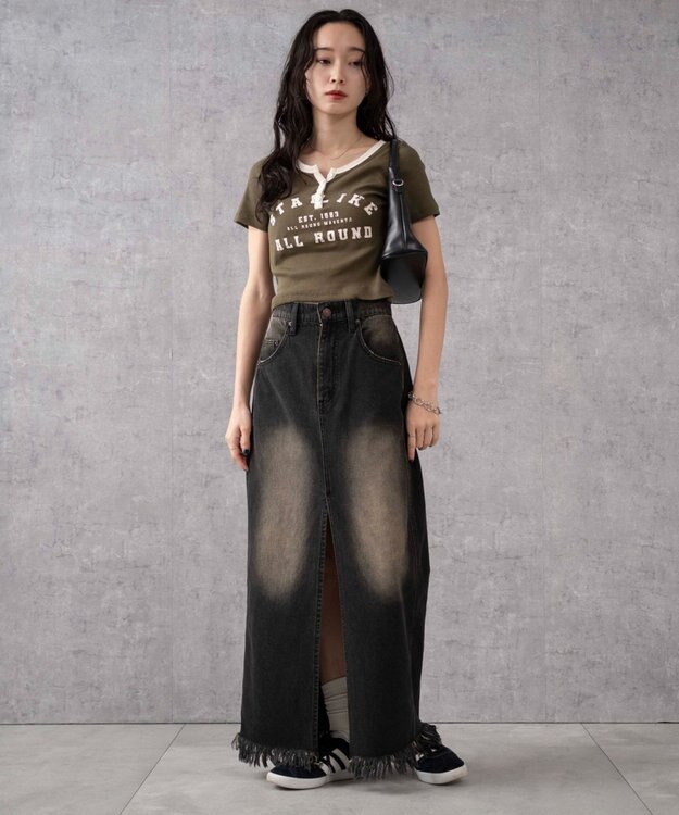 WEGO ヴィンテージウォッシュデニムロングスカート ブラック