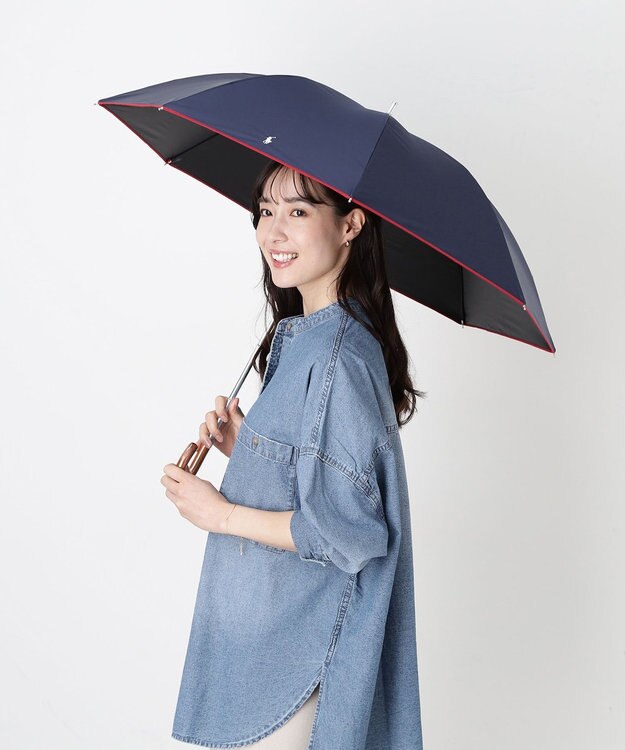 MOONBAT 【WEB限定/遮光率100%/遮熱/UV】POLO RALPH LAUREN（ポロ ラルフローレン）晴雨兼用日傘 無地 オーバーロック刺繍 長傘 ディープブルー