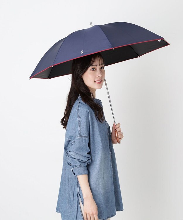 MOONBAT 【WEB限定/遮光率100%/遮熱/UV】POLO RALPH LAUREN（ポロ ラルフローレン）晴雨兼用日傘 無地 オーバーロック刺繍 長傘 ディープブルー
