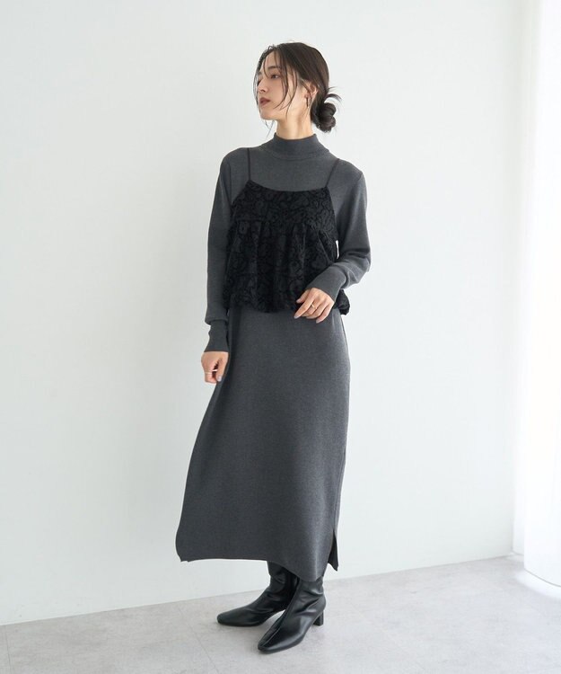 YECCA VECCA 【2点SET】バルーンキャミ付きニットワンピース Gray