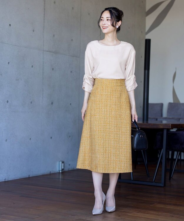 Tiaclasse 【洗える】大人華やかなツイードフレアスカート イエロー
