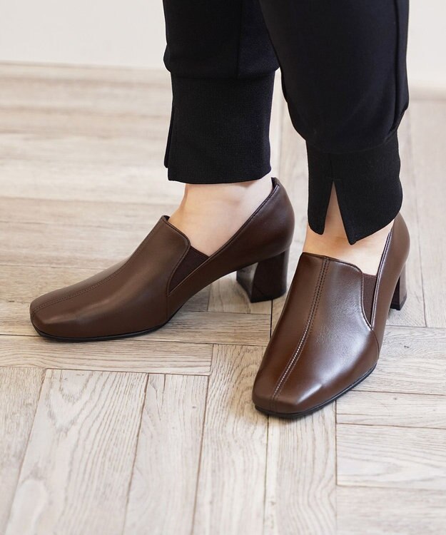 Pointer 日本製 滑り止めスクエアトゥサイドゴムパンプス ブラウン