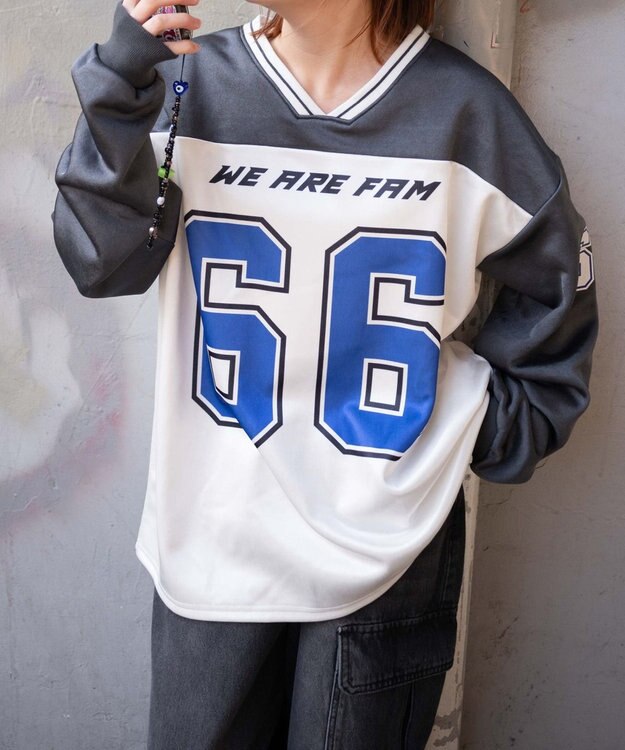 WEGO VネックナンバリングサテンBIGスウェット スミクロ