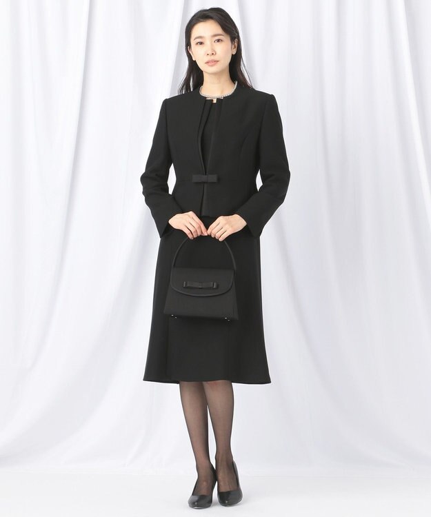 自由区 FORMAL 【ウォッシャブル対応】ドビーボーダーリボン ジャケット+ワンピース ブラック系