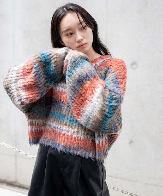 WEGO マルチボーダーブラッシュニットショートプルオーバー 柄1