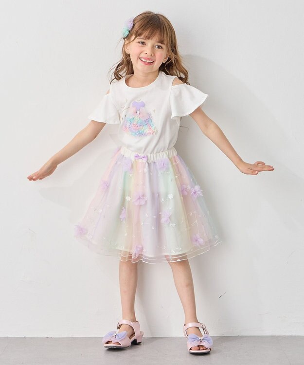 ANY KIDS 接触冷感 しろくま オフショルダー Tシャツ オフホワイト×ドレス