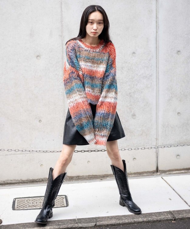 WEGO マルチボーダーブラッシュニットショートプルオーバー 柄1