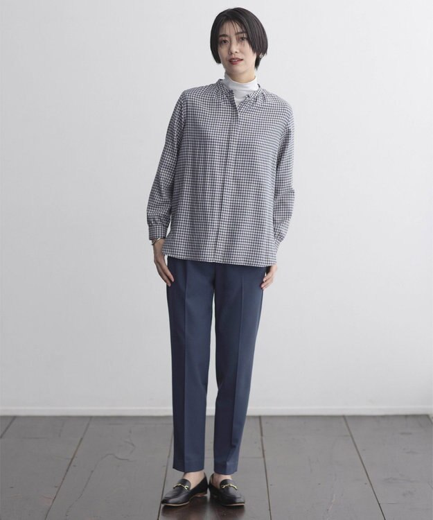 J.PRESS LADIES L 【洗える】ポリエステルヴィスコースブロックチェック バンドカラー ブラウス チャコール×ピンク系