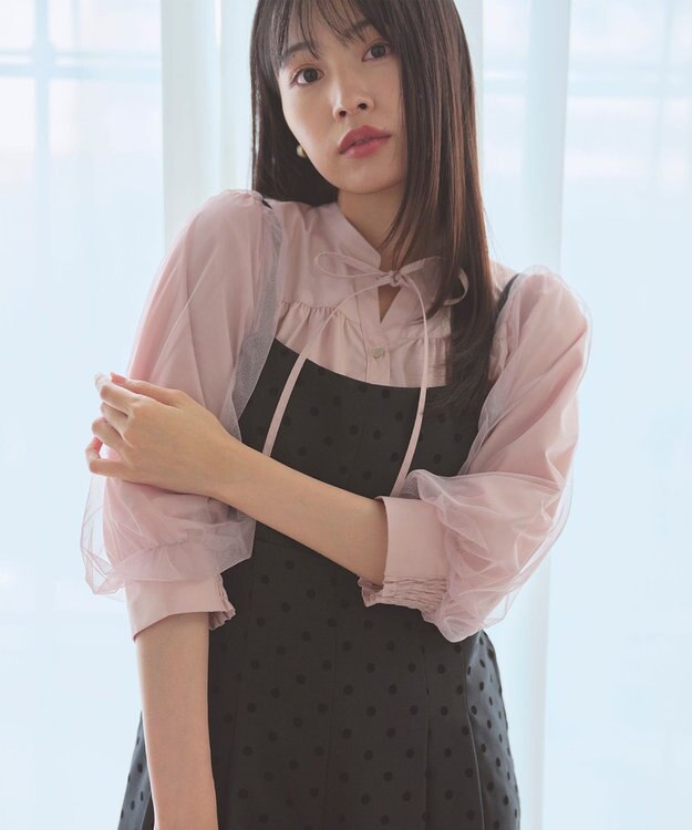 Feroux 袖チュールリボンスキッパー ブラウス ピンク系
