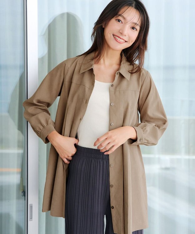 Tiaclasse L 【洗える】ピーチスキンプリーツシャツチュニック ベージュ