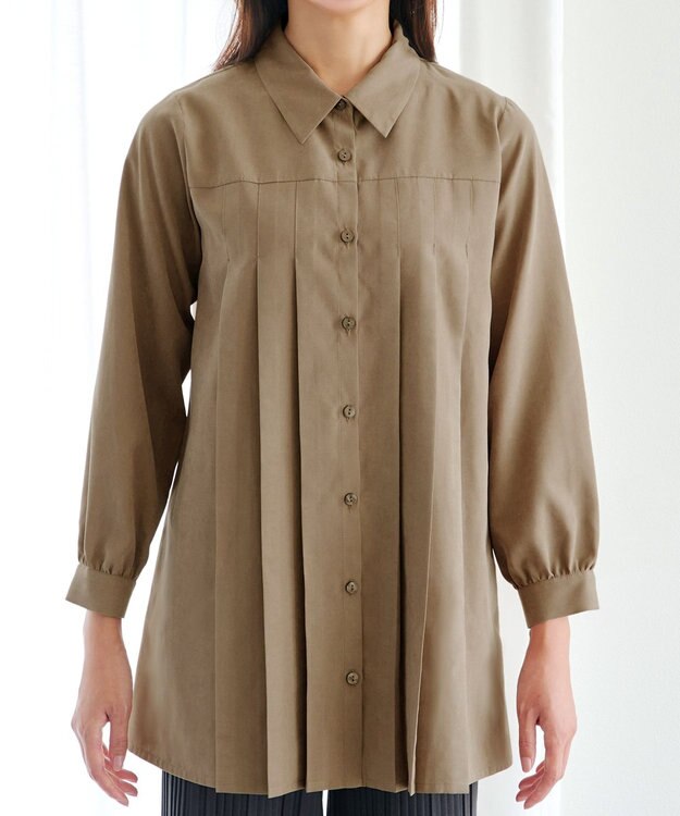 Tiaclasse L ピーチスキンプリーツシャツチュニック ベージュ