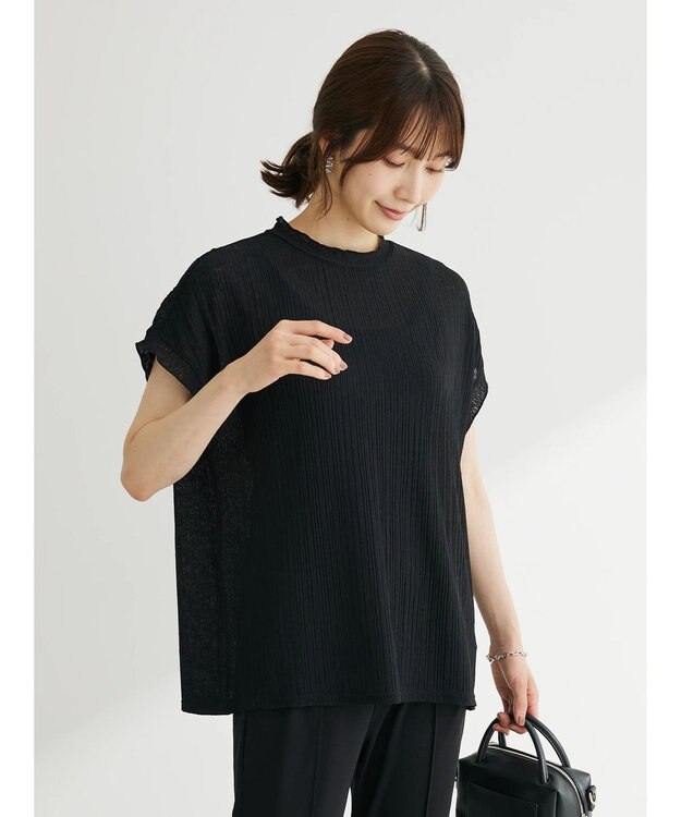 Green Parks プリーツ加工フレンチスリーブカットプルオーバー Black