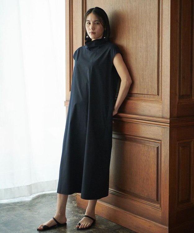 #Newans 【洗える】AMELIA / ハイネックナローシルエットワンピース ネイビー系