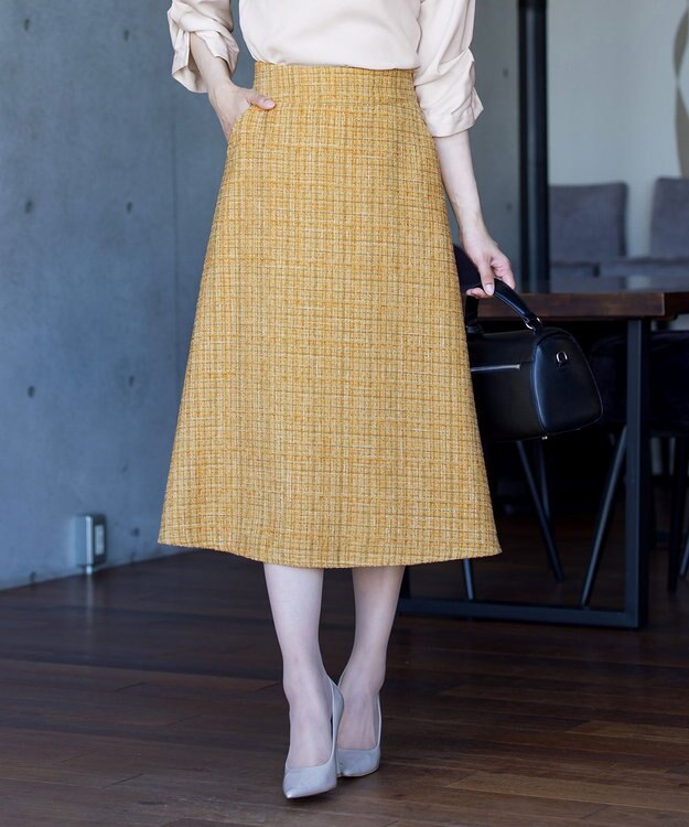 Tiaclasse 【洗える】大人華やかなツイードフレアスカート イエロー