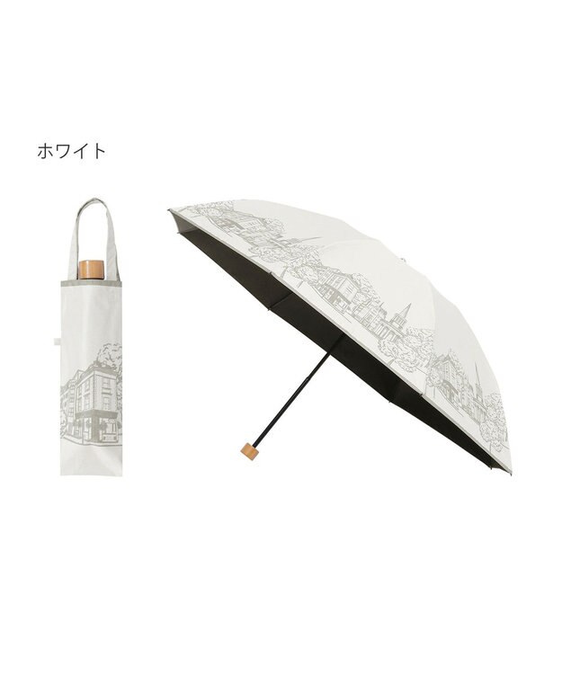 MOONBAT 【遮光100%/収納バッグ付き】SOLFEGE MODE  晴雨兼用 折りたたみ日傘 街並プリント ホワイト