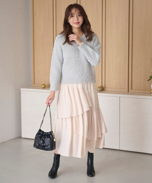 Feroux 【洗える】シャギーVネック ニット ライトグレー系