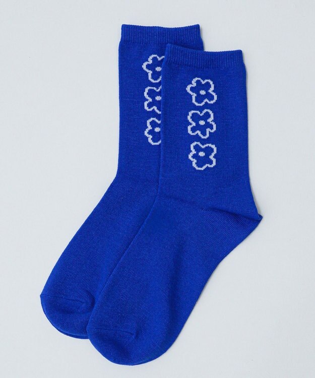 WEGO 手書き風3連フラワーソックス ブルー