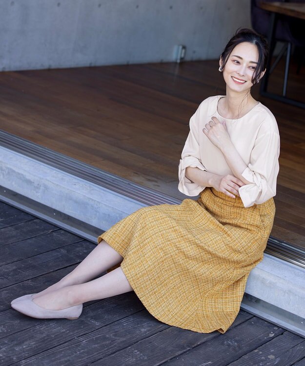 Tiaclasse 【洗える】大人華やかなツイードフレアスカート イエロー