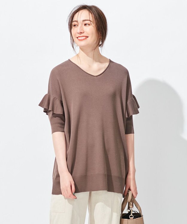 自由区 L 【洗える】ハイツイストコットンアセテート フリルデザインニット ブラウン系