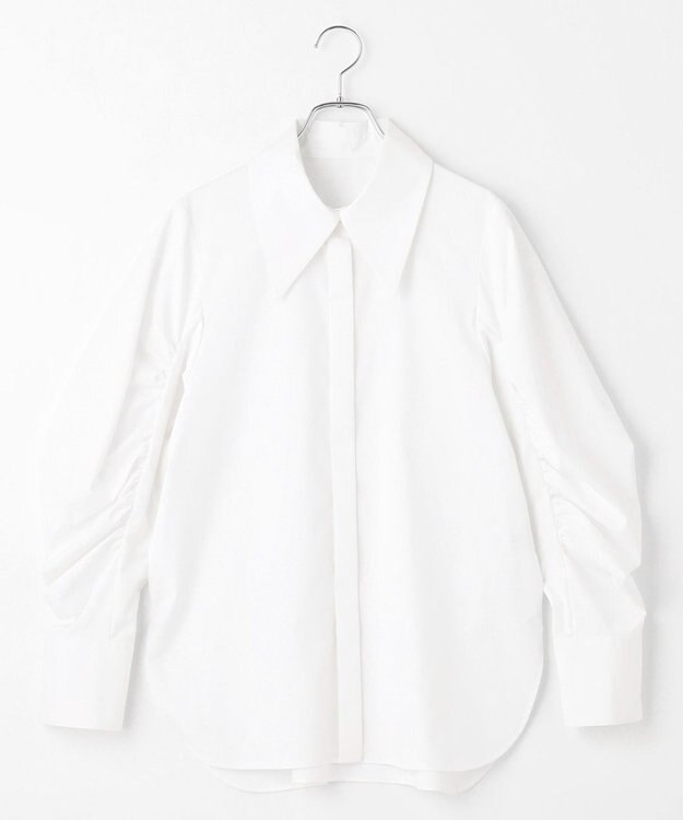 #Newans 【アイロンいらず】尖り襟ギャザースリーブブラウス ホワイト