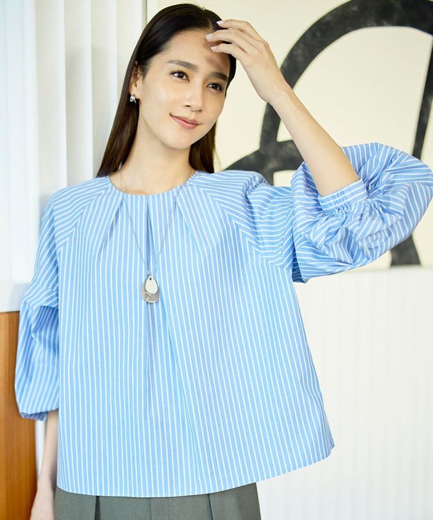 自由区 【SHIHOさん着用】ボリュームスリーブ ブラウス サックスストライプ