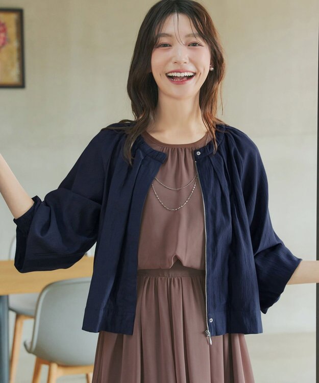Tiaclasse L 麻調襟ギャザーシアーブルゾン ネイビー