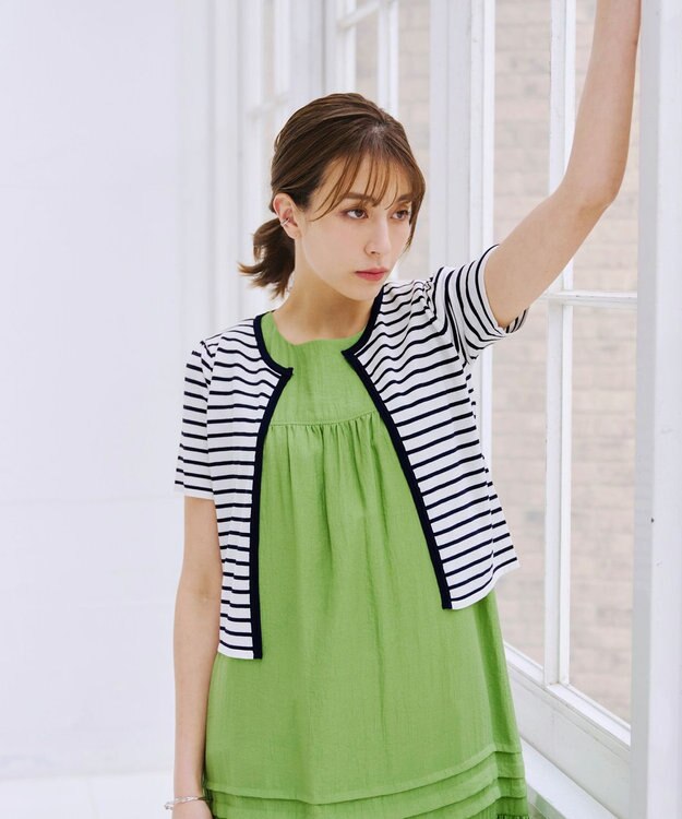 Tiaclasse L 【新色追加・洗える・UVケア・接触冷感】サマーニット半袖カーディガン ボーダー