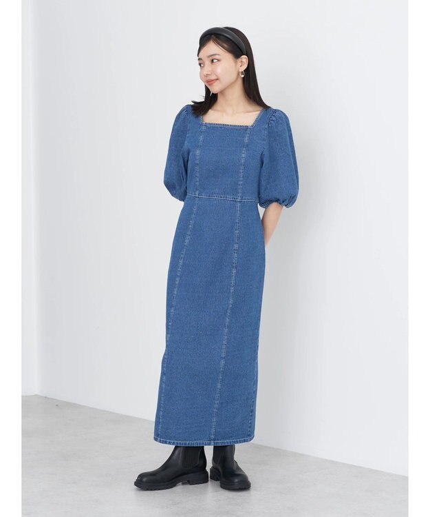 earth music&ecology スクエアネックデニムワンピース Indigo