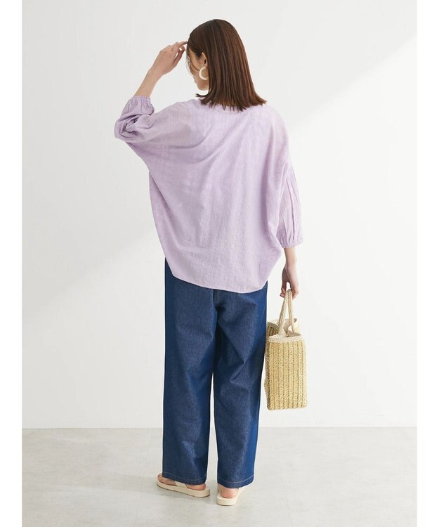 Green Parks インド綿 SET２点 刺繍７分丈ブラウス＋タンクトップ Purple