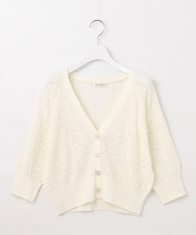 Feroux 【ご好評につき今季も登場！・洗える】透かし編み カーディガン ピンク系