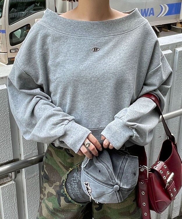 WEGO ワンポイントオフショルスウェット 杢グレー