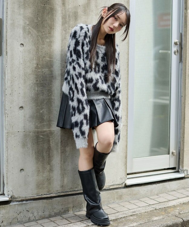 WEGO レオパードシャギーショートニット グレー