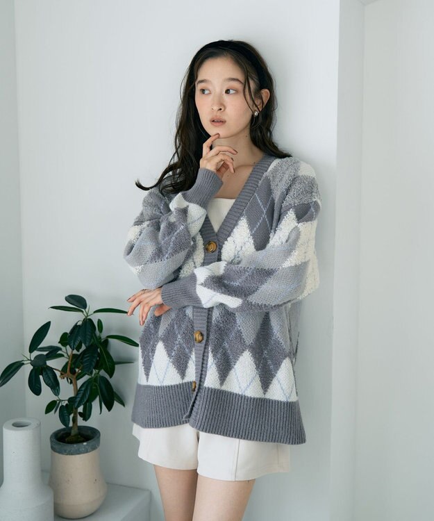 earth music&ecology ループ編みアーガイルカーディガン Gray