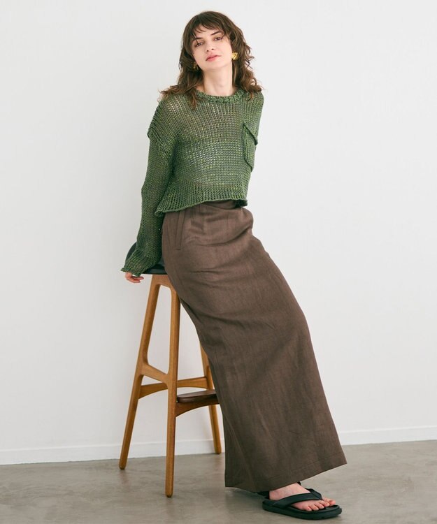 BEIGE， 【洗える・STORY 6月号掲載】THYME / クルーネックコットンメッシュニット Olive